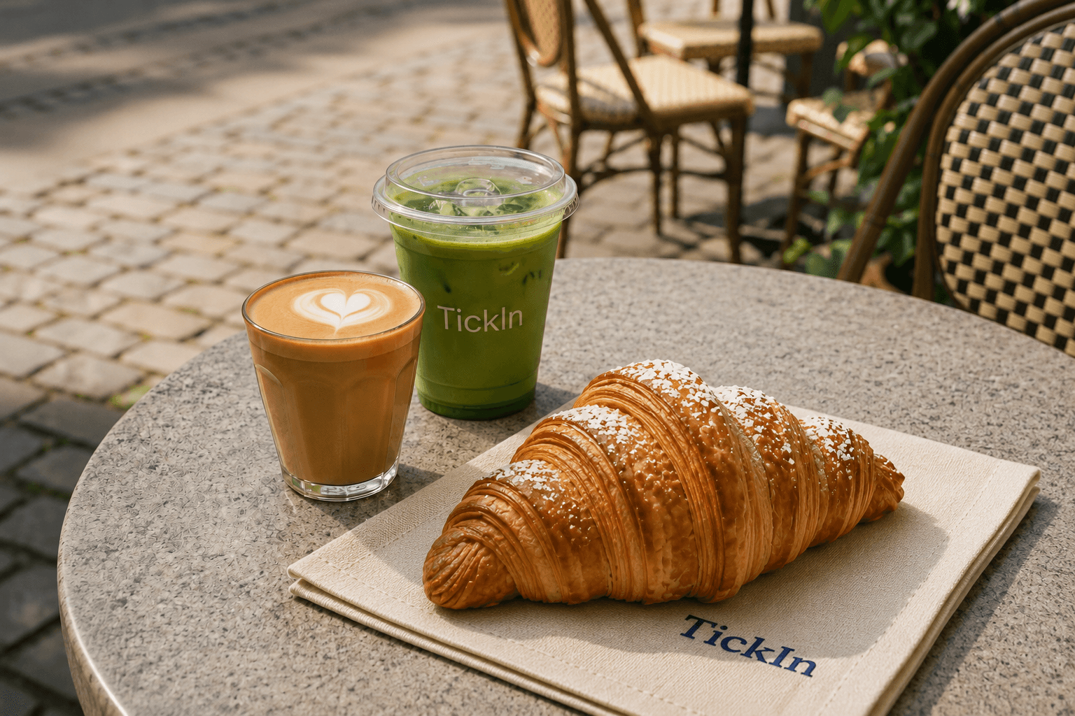 Coffee, matcha and a croissant on a café table in Copenhagen